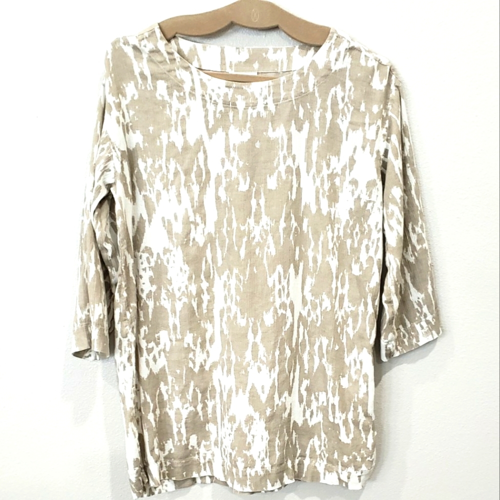 J Jill Pure Jill Tan-White Abstract Print Tunic Top w/3/4 Sleeves, Size Medium